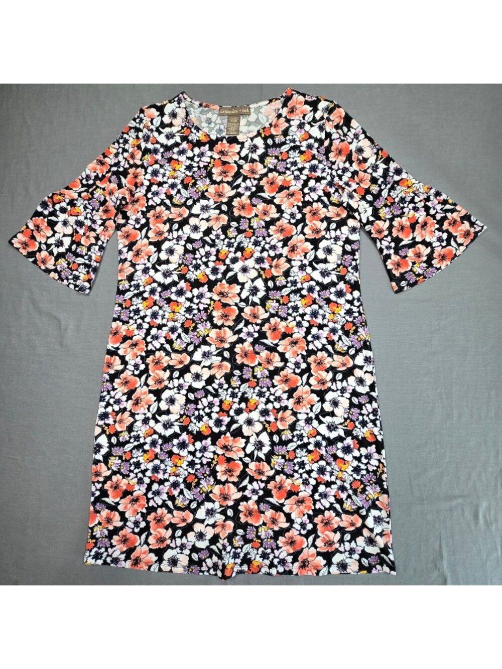 Alexandra + Oak Womens Large Floral Bell Sleeve Dress Black Stretch